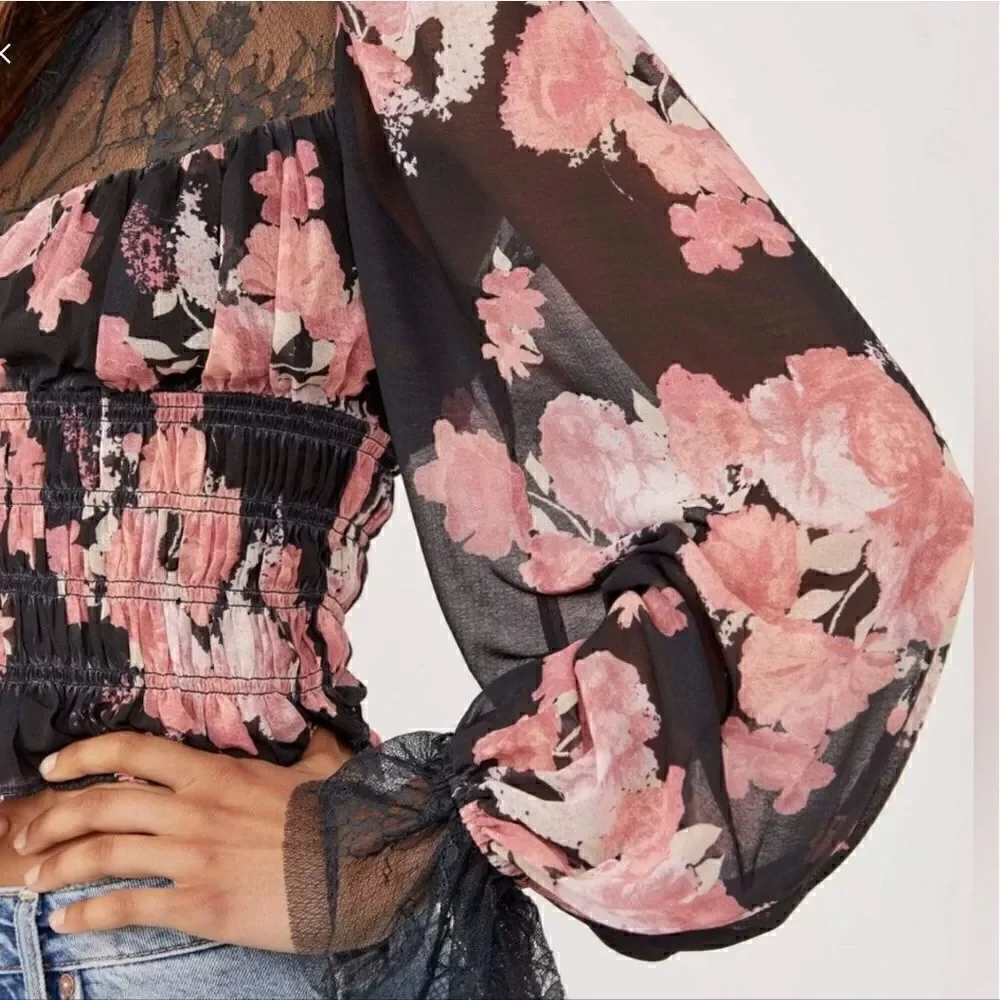 Free People Daphne Blouse Midnight Combo Small Black and Pink Floral